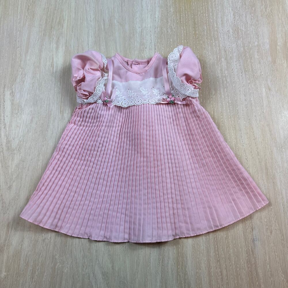 Vintage Peaches 'N Cream Pink Lace Accordion Charming Elegant Baby Dress 12M